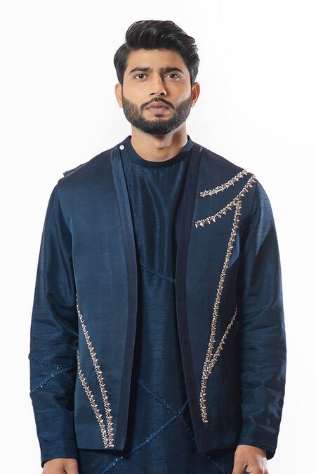 Shop_Smriti By Anju Agarwal_Blue Bam Silk Embroidered Nehru Jacket_Online_at_Aza_Fashions