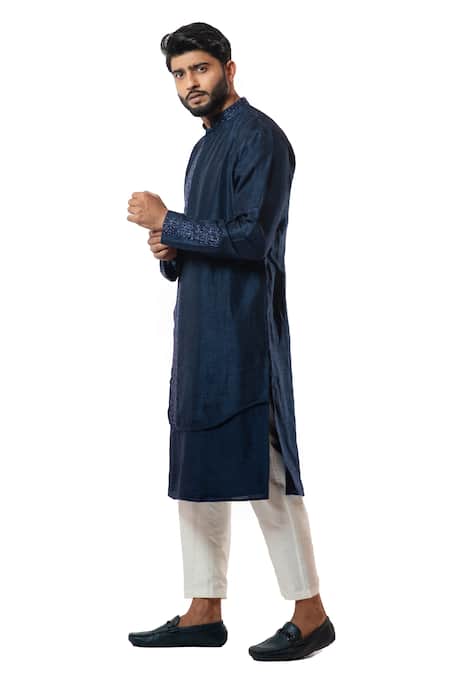 Smriti By Anju Agarwal_Blue Kurta Bam , Pajama Cotton Embroidered And Pant Set _Online_at_Aza_Fashions