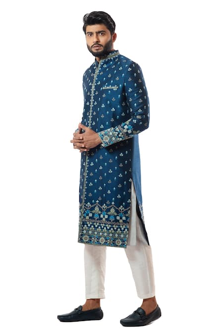 Smriti By Anju Agarwal Blue Kurta And Pajama Cotton , Sherwani Bam Embroidered Set Online at Aza Fashions Smriti By Anju Agarwal_Blue Kurta And Pajama Cotton , Sherwani Bam Embroidered Set_Online_at_Aza_Fashions