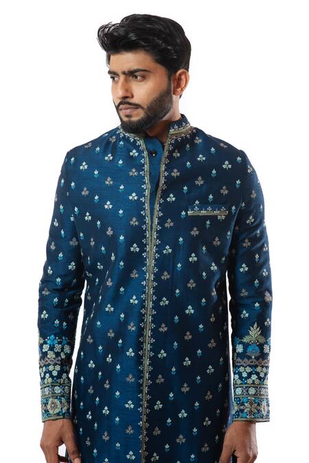 Shop Smriti By Anju Agarwal Blue Kurta And Pajama Cotton , Sherwani Bam Embroidered Set Online at Aza Fashions Shop_Smriti By Anju Agarwal_Blue Kurta And Pajama Cotton , Sherwani Bam Embroidered Set_Online_at_Aza_Fashions