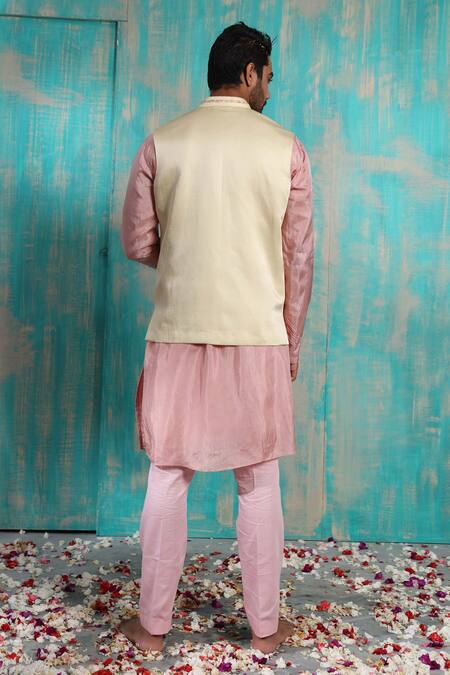 Shop_Smriti By Anju Agarwal_Beige Bundi  Linen Satin, Kurta Silk, Pant Malai Krtya Embroidered And Set_Online_at_Aza_Fashions