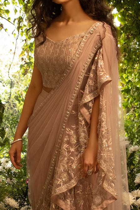Shop Decemberbyvivek Peach Blouse Silk Saree Net And Petticoat Satin Embroidered Pre-draped With at Aza Fashions Shop_Decemberbyvivek_Peach Blouse Silk Saree Net And Petticoat Satin Embroidered Pre-draped With _at_Aza_Fashions