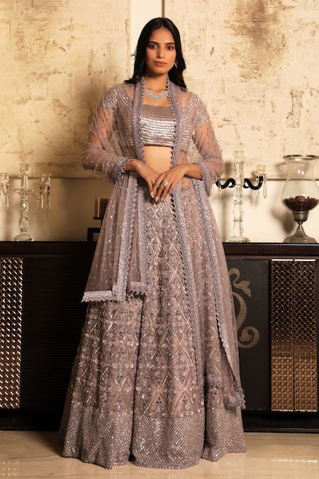Shop COUTURE BY NIHARIKA Purple Organza Scoop Neck Embroidered Lehenga Set at Aza Fashions Shop_COUTURE BY NIHARIKA_Purple Organza Scoop Neck Embroidered Lehenga Set _at_Aza_Fashions