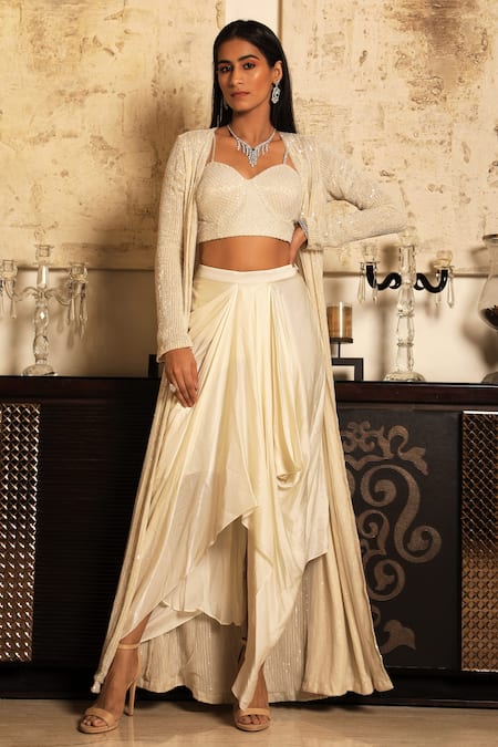COUTURE BY NIHARIKA White Pure Satin Bustier Sweetheart Neck Embroidered Skirt Set With Jacket 