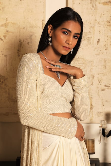 COUTURE BY NIHARIKA_White Pure Satin Bustier Sweetheart Neck Embroidered Skirt Set With Jacket _Online_at_Aza_Fashions