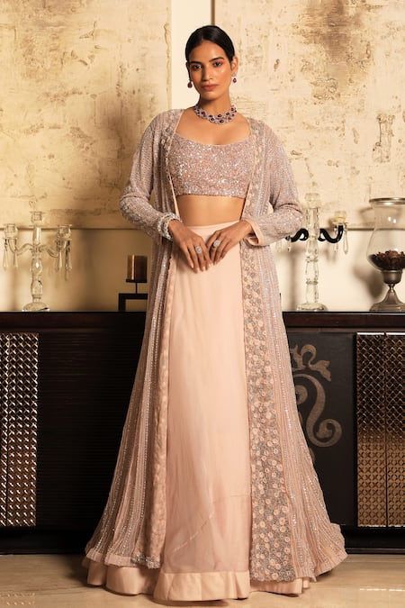 COUTURE BY NIHARIKA Pink Organza Blouse Scoop Embroidered Lehenga Set With Jacket 