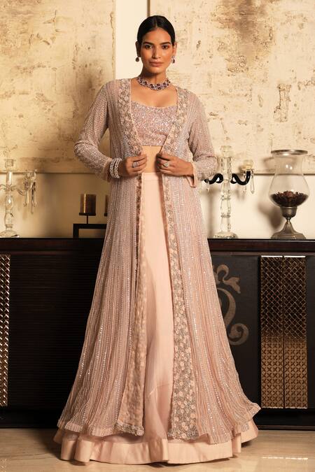 Shop_COUTURE BY NIHARIKA_Pink Organza Blouse Scoop Embroidered Lehenga Set With Jacket _at_Aza_Fashions