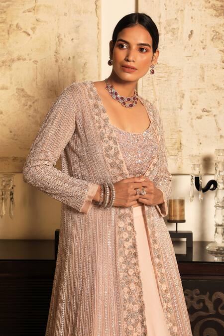 COUTURE BY NIHARIKA_Pink Organza Blouse Scoop Embroidered Lehenga Set With Jacket _Online_at_Aza_Fashions