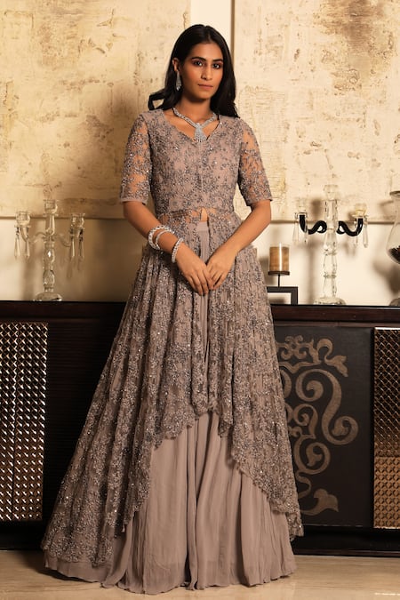 Shop_COUTURE BY NIHARIKA_Pink Chiffon V Neck Embroidered Kurta Lehenga Set _at_Aza_Fashions