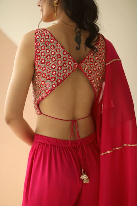 Shop_EASE_Pink Crepe, Viscose Organza V Neck Embroidered Blouse And Sharara Set_Online_at_Aza_Fashions