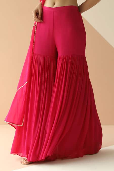 EASE_Pink Crepe, Viscose Organza V Neck Embroidered Blouse And Sharara Set_at_Aza_Fashions