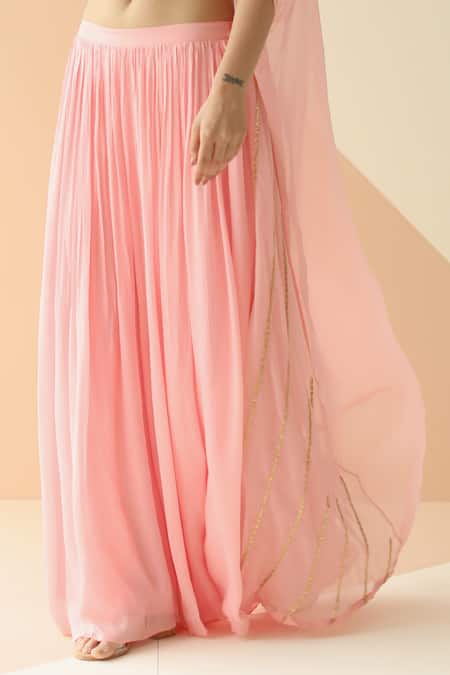 EASE_Pink Crepe, Viscose Organza Sweetheart Neck Embroidered Jacket Sharara Set_at_Aza_Fashions