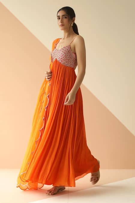 Ease Orange Crepe Embroidery V Neck Anarkali With Dupatta  