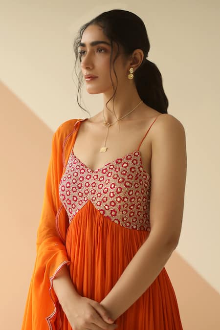 Buy_EASE_Orange Crepe, Viscose Organza V Neck Embroidered Anarkali With Dupatta _Online_at_Aza_Fashions