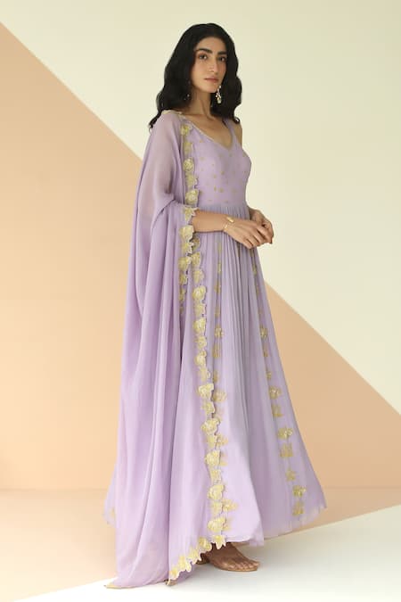 EASE_Purple Georgette, Viscose Organza V Neck Embroidered Anarkali With Dupatta_Online_at_Aza_Fashions