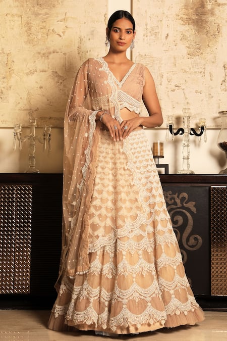 Shop_COUTURE BY NIHARIKA_Beige Organza, Flat Chiffon V Neck Embroidered Lehenga Set _at_Aza_Fashions