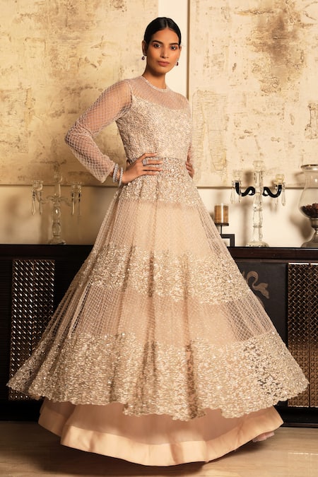 Couture By Niharika Pink Organza Round Embroidered Kurta Lehenga Set 