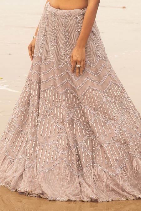 Decemberbyvivek_Beige Organza And Net & Sequin, Bugle Leaf Embroidered Lehenga Set _Online_at_Aza_Fashions