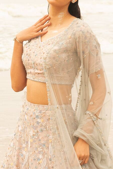 Shop Decemberbyvivek Grey Organza And Net Beads & Thread V Neck Embroidered Lehenga Set at Aza Fashions Shop_Decemberbyvivek_Grey Organza And Net Beads & Thread V Neck Embroidered Lehenga Set _at_Aza_Fashions