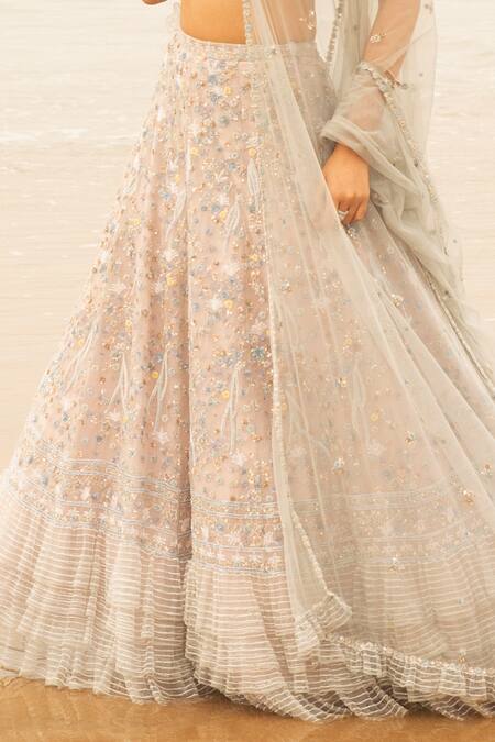 Decemberbyvivek Grey Organza And Net Beads & Thread V Neck Embroidered Lehenga Set Online at Aza Fashions Decemberbyvivek_Grey Organza And Net Beads & Thread V Neck Embroidered Lehenga Set _Online_at_Aza_Fashions