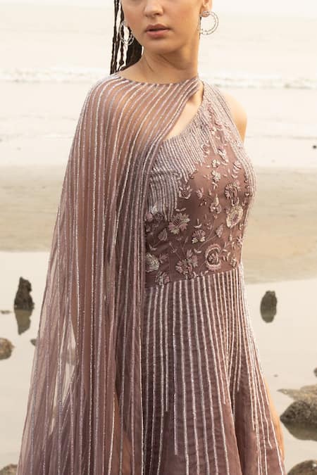 Shop Decemberbyvivek Brown Organza And Net Bugle & One Shoulder Gown With Cape at Aza Fashions Shop_Decemberbyvivek_Brown Organza And Net Bugle & One Shoulder Gown With Cape _at_Aza_Fashions