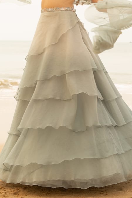 Decemberbyvivek Grey Organza And Net Thread & Sequin One Shoulder Off Lehenga Set Online at Aza Fashions Decemberbyvivek_Grey Organza And Net Thread & Sequin One Shoulder Off Lehenga Set _Online_at_Aza_Fashions