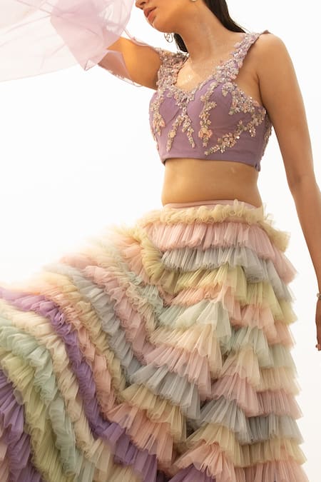 Shop Decemberbyvivek Purple Net Sequin V Neck Embroidered Lehenga And Trail Set at Aza Fashions Shop_Decemberbyvivek_Purple Net Sequin V Neck Embroidered Lehenga And Trail Set _at_Aza_Fashions