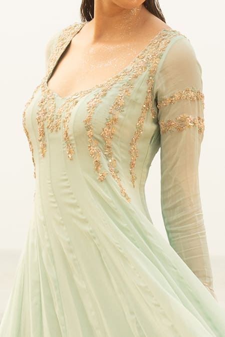 Shop Decemberbyvivek Blue Georgette And Net Thread & Sequin Scoop Embroidered Anarkali With Dupatta at Aza Fashions Shop_Decemberbyvivek_Blue Georgette And Net Thread & Sequin Scoop Embroidered Anarkali With Dupatta _at_Aza_Fashions