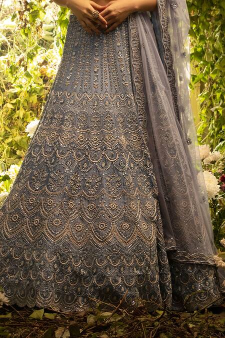 Decemberbyvivek Blue Silk And Net Thread & Sequin, Bugle Beads Sweetheart Neck Bridal Lehenga Set Online at Aza Fashions Decemberbyvivek_Blue Silk And Net Thread & Sequin, Bugle Beads Sweetheart Neck Bridal Lehenga Set _Online_at_Aza_Fashions