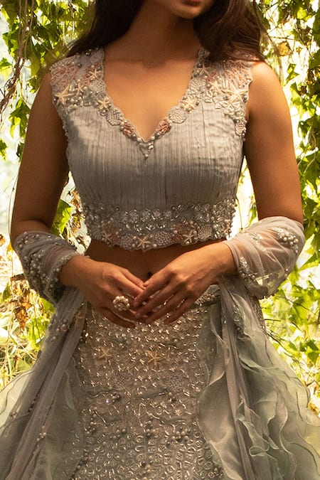 Shop Decemberbyvivek Blue Organza And Net Beads & Sequin, Thread, Bugle Embroidered Bridal Lehenga Set at Aza Fashions Shop_Decemberbyvivek_Blue Organza And Net Beads & Sequin, Thread, Bugle Embroidered Bridal Lehenga Set _at_Aza_Fashions