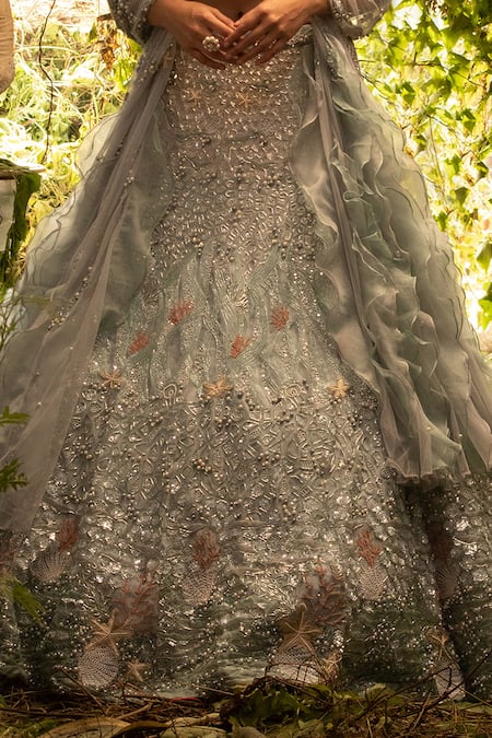 Decemberbyvivek Blue Organza And Net Beads & Sequin, Thread, Bugle Embroidered Bridal Lehenga Set Online at Aza Fashions Decemberbyvivek_Blue Organza And Net Beads & Sequin, Thread, Bugle Embroidered Bridal Lehenga Set _Online_at_Aza_Fashions