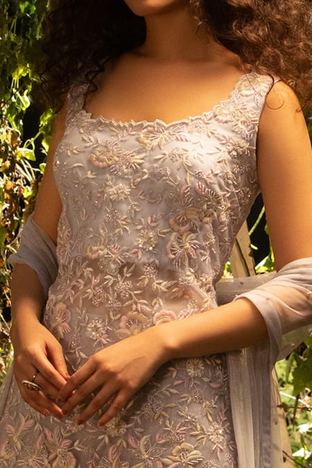 Shop Decemberbyvivek Purple Net Thread And Sequin, Bugle Beads Round Embroidered Kurta & Sharara Set at Aza Fashions Shop_Decemberbyvivek_Purple Net Thread And Sequin, Bugle Beads Round Embroidered Kurta & Sharara Set _at_Aza_Fashions