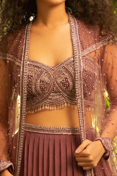 Shop Decemberbyvivek Maroon Organza And Net Sequin & Beads Sweetheart Embroidered Jacket Lehenga Set at Aza Fashions Shop_Decemberbyvivek_Maroon Organza And Net Sequin & Beads Sweetheart Embroidered Jacket Lehenga Set _at_Aza_Fashions