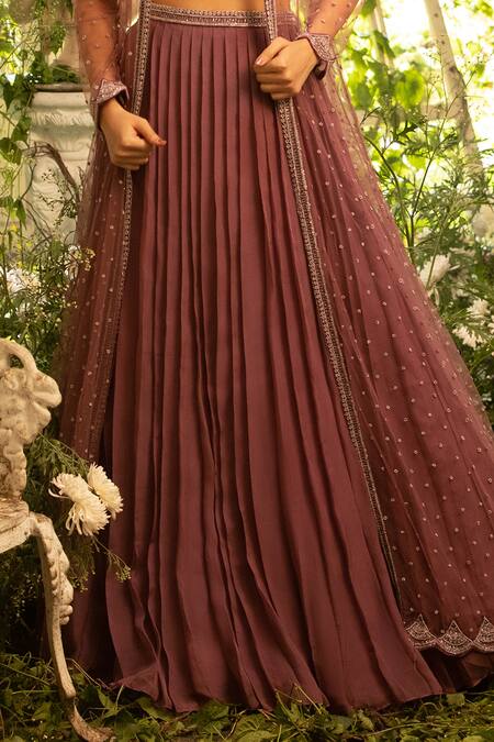 Decemberbyvivek Maroon Organza And Net Sequin & Beads Sweetheart Embroidered Jacket Lehenga Set Online at Aza Fashions Decemberbyvivek_Maroon Organza And Net Sequin & Beads Sweetheart Embroidered Jacket Lehenga Set _Online_at_Aza_Fashions