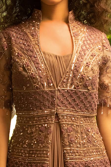 Shop Decemberbyvivek Brown Georgette And Net Thread & Sequin Band Embroidered Gown With Jacket at Aza Fashions Shop_Decemberbyvivek_Brown Georgette And Net Thread & Sequin Band Embroidered Gown With Jacket _at_Aza_Fashions