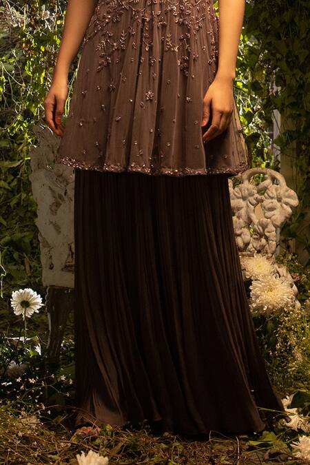 Decemberbyvivek Brown Georgette And Net Bugle Beads & Thread Embroidered Kurta & Sharara Set Online at Aza Fashions Decemberbyvivek_Brown Georgette And Net Bugle Beads & Thread Embroidered Kurta & Sharara Set _Online_at_Aza_Fashions