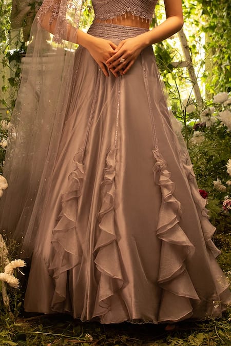 Decemberbyvivek_Purple Net Cutdana And Sequin V Neck Ruffled Lehenga Set _Online_at_Aza_Fashions