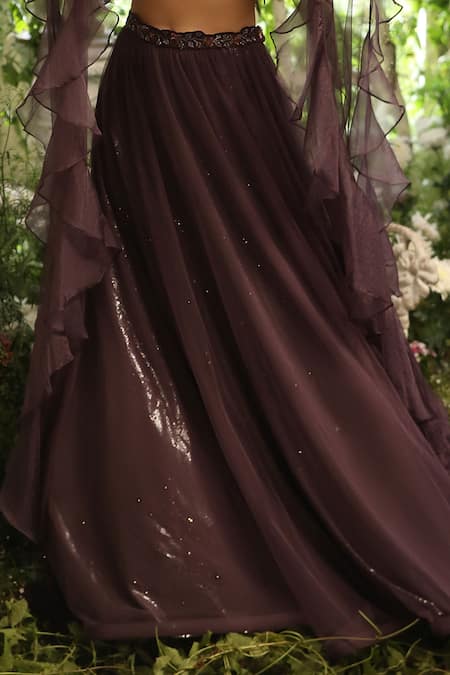 Decemberbyvivek_Purple Net Bugle Beads And Sequin One Shoulder Off Lehenga Set _Online_at_Aza_Fashions