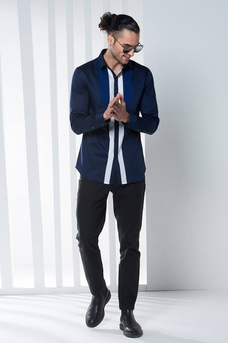 Seven_Blue Cotton Satin Thread Shirt _Online_at_Aza_Fashions