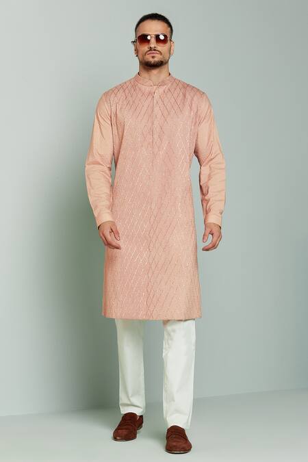 Seven_Pink Cotton Silk Thread Kurta_Online_at_Aza_Fashions
