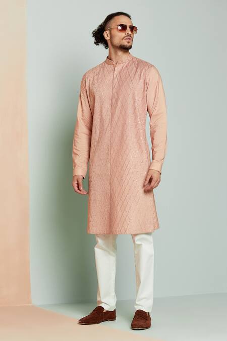 Buy_Seven_Pink Cotton Silk Thread Kurta_Online_at_Aza_Fashions