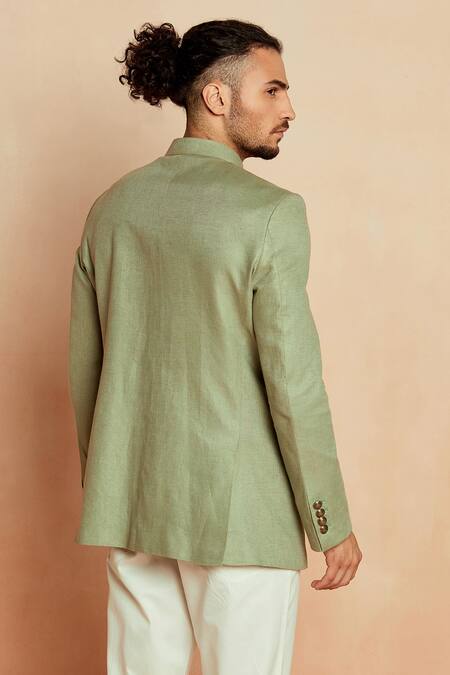 Shop Seven Green Linen Thread Bandhgala And Pant Set at Aza Fashions Shop_Seven_Green Linen Thread Bandhgala And Pant Set_at_Aza_Fashions