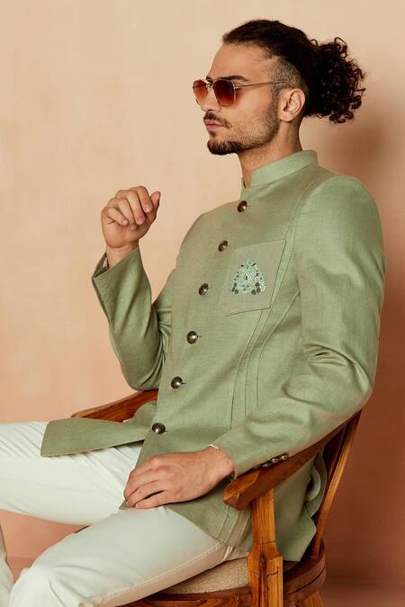 Buy Seven Green Linen Thread Bandhgala And Pant Set Online at Aza Fashions Buy_Seven_Green Linen Thread Bandhgala And Pant Set_Online_at_Aza_Fashions