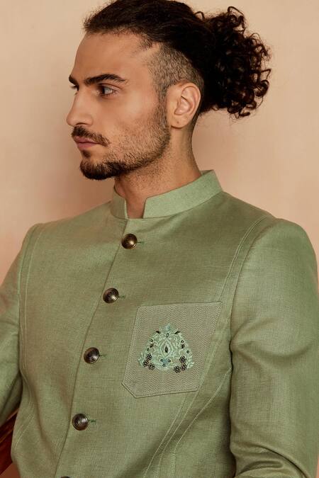 Shop Seven Green Linen Thread Bandhgala And Pant Set Online at Aza Fashions Shop_Seven_Green Linen Thread Bandhgala And Pant Set_Online_at_Aza_Fashions