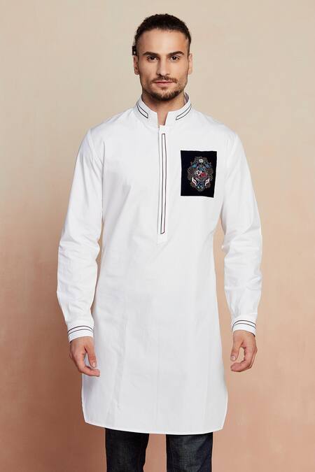 Seven_White Cotton Satin Thread Kurta_Online_at_Aza_Fashions