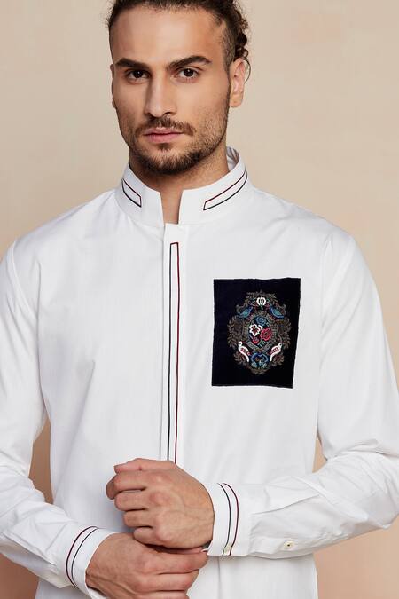 Shop_Seven_White Cotton Satin Thread Kurta_Online_at_Aza_Fashions