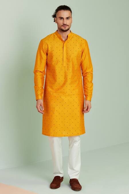 Seven_Yellow Cotton Silk Thread And Sequin Kurta_Online_at_Aza_Fashions