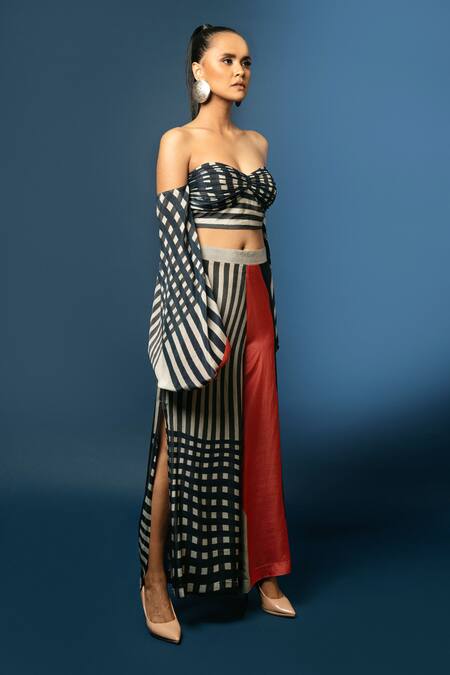 Nautanky_Blue Natural Crepe Sweetheart Neck Bandeau Crop Top And Pant Set _Online_at_Aza_Fashions