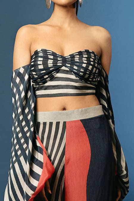 Nautanky_Blue Natural Crepe Sweetheart Neck Bandeau Crop Top And Pant Set _at_Aza_Fashions