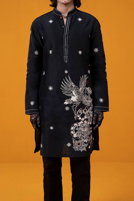 Wabi Sabi By Anshum-Ritesh Black Chanderi Embroidery Snakes And Cranes Kurta Set at Aza Fashions Wabi Sabi By Anshum-Ritesh_Black Chanderi Embroidery Snakes And Cranes Kurta Set _at_Aza_Fashions